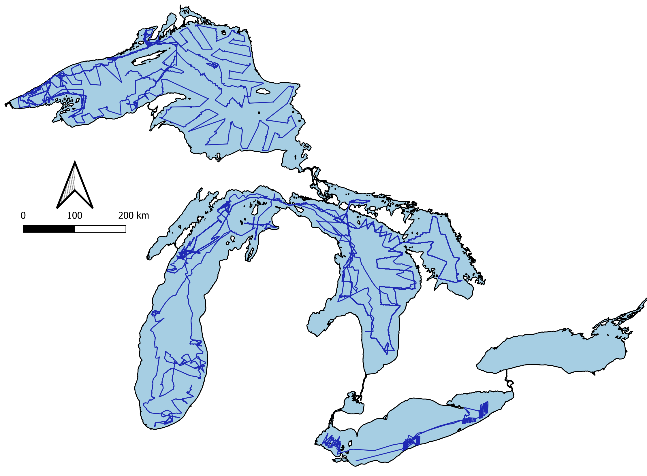 All sampling tracks generated by the Saildrones in the Great Lakes from 2021 to 2024. The drones sampled more than 21,000 kilometers of track in lakes Superior, Michigan, Huron, and Erie. 