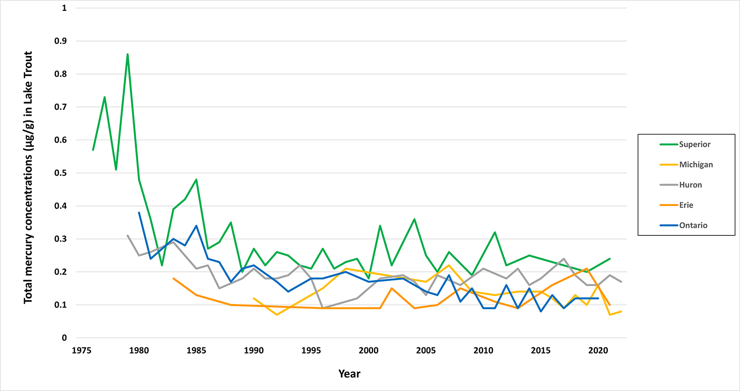 Mercury concentrations in lake trout fillets have declined substantially across the basin since the 1970s and 1980s.
