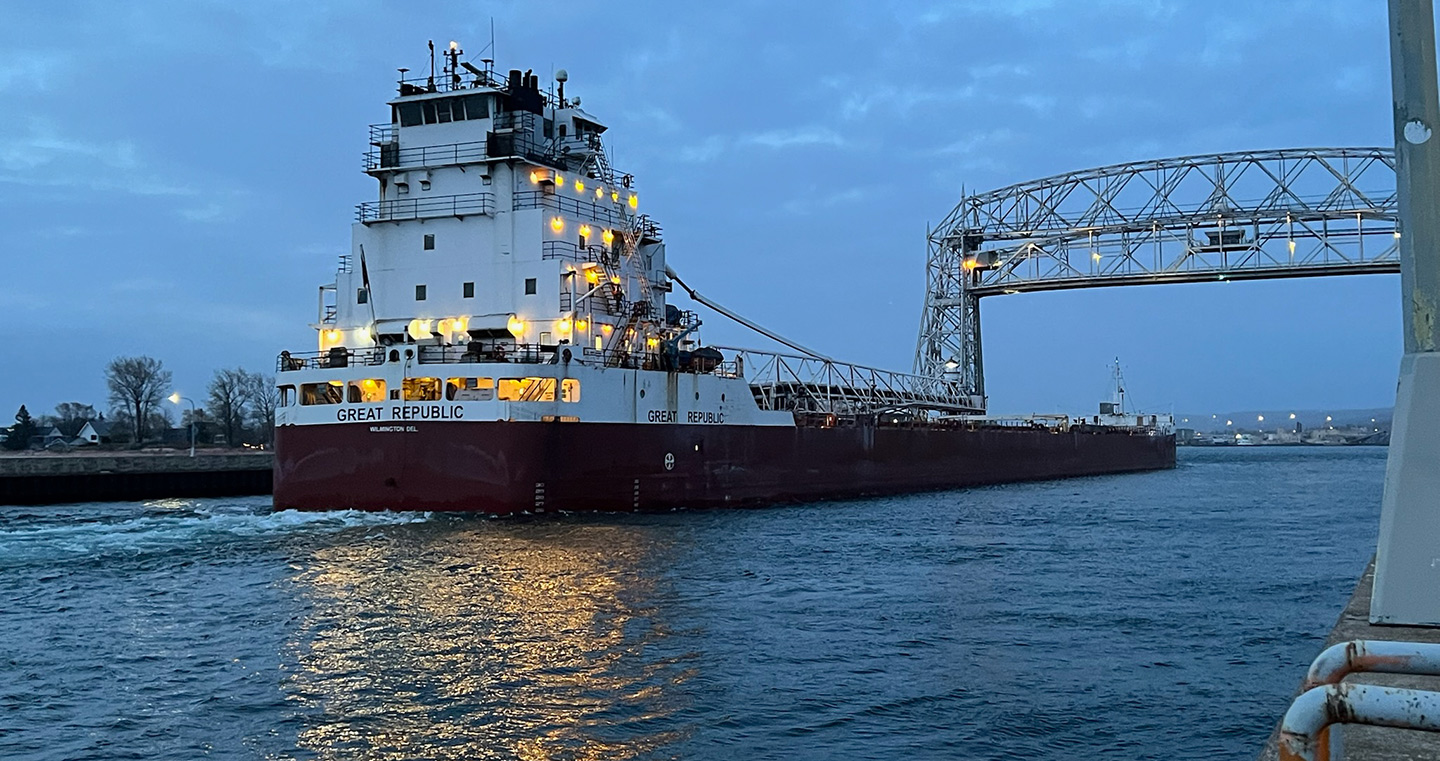 Freshwater is not just a resource to be protected, but a critical infrastructure for the Great Lakes region. Pictured is the Great Republic, a self-discharging bulk carrier, in Duluth Harbor at the western tip of Lake Superior. 